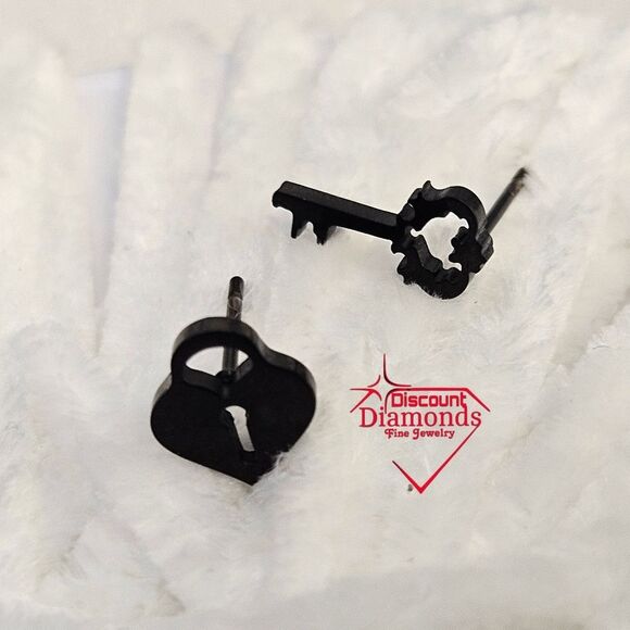 Black Titanium Lock and Key Stud Pushback Earrings. - Picture 6 of 14